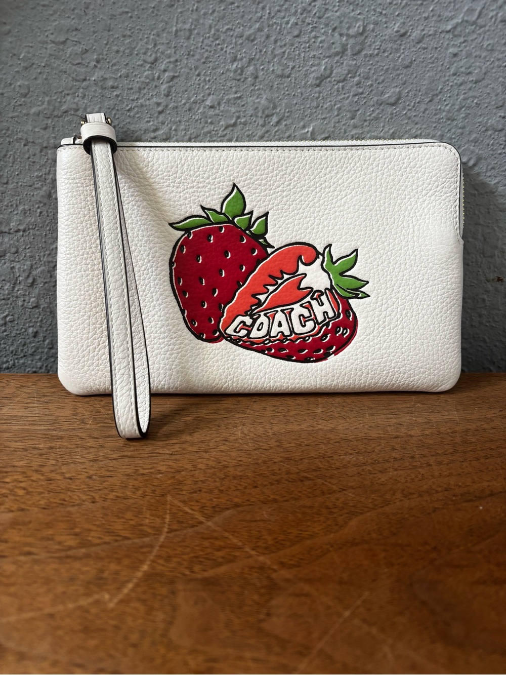 Coach Large Corner Zip Wristlet with Strawberry Graphic in Chalk